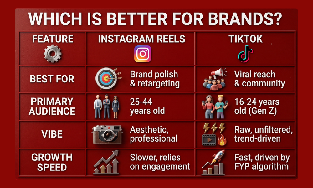 | Instagram Reels vs. TikTok: Which is Better for Brands? Detailed infographic table comparing features, target audience, vibe, and growth speed of Instagram Reels vs TikTok for business.