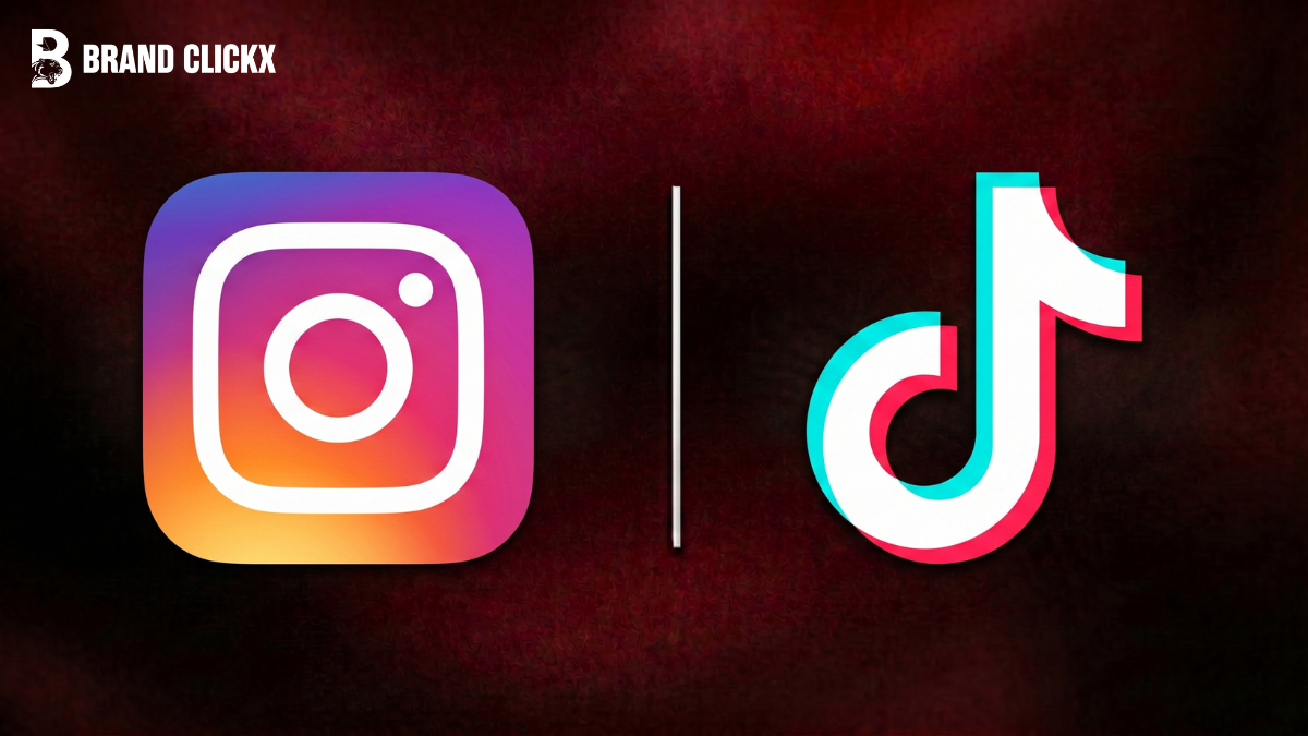 Instagram Reels vs TikTok logo comparison with Brand ClickX branding.