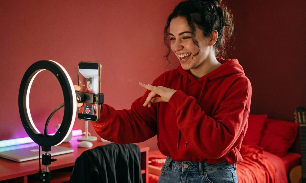 | Instagram Reels vs. TikTok: Which is Better for Brands? A young female content creator smiling and recording a fun, casual short-form video using a smartphone and ring light.