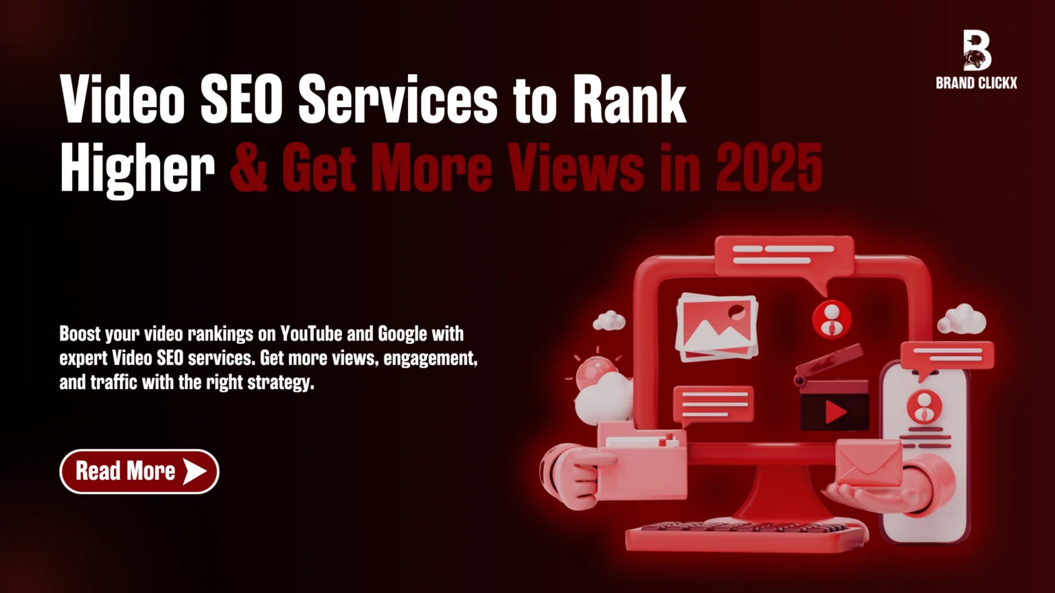 A red computer with text of Video SEO services to rank on google