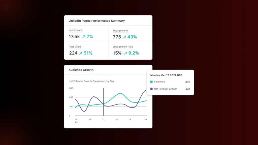 LinkedIn performance report showing impressions, engagement, clicks, and audience growth for social media marketing insights.