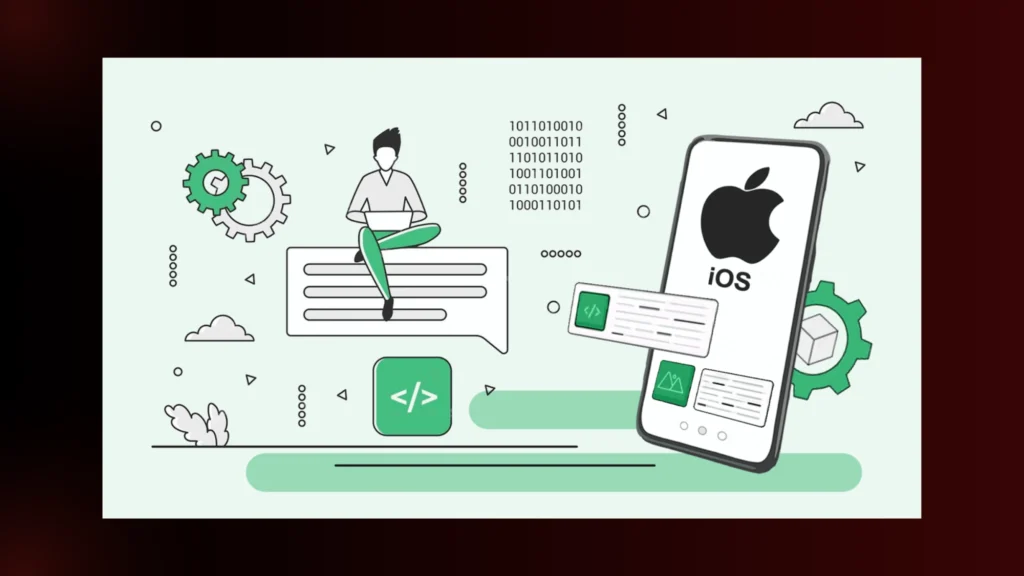 Illustration of iOS app development with a developer, coding icons, and an iPhone displaying the Apple logo, gears, and tech elements.
