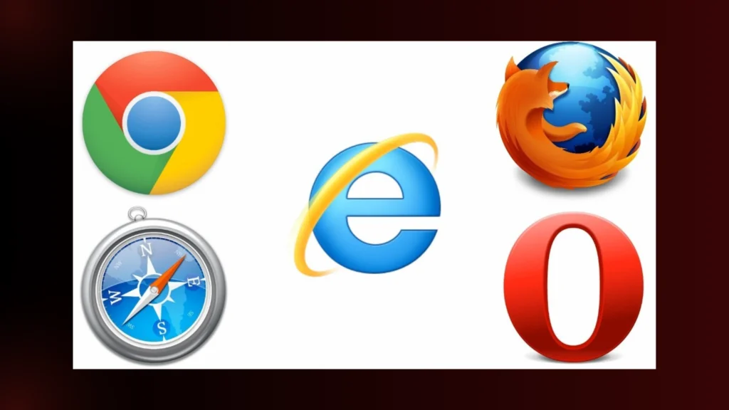 "Logos of five web browsers: Chrome, Firefox, Internet Explorer, Safari, and Opera arranged in a circular pattern."
