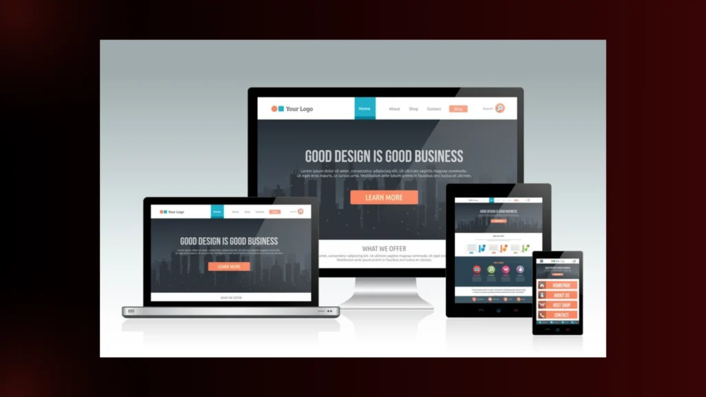 Responsive web development concept showing a modern website design displayed on desktop, laptop, tablet, & smartphone screens