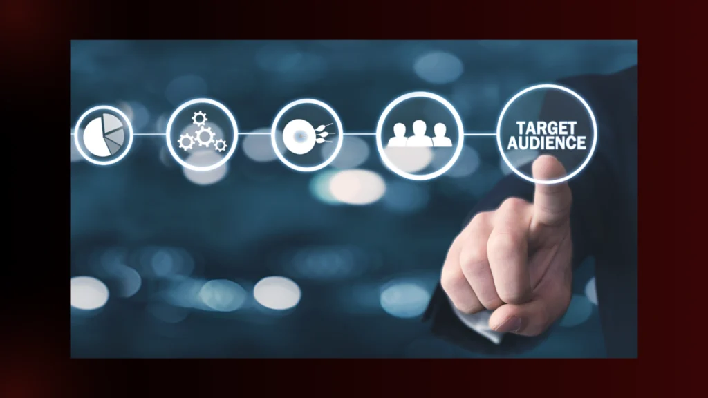 A hand points to the "Target Audience" icon, highlighting marketing strategy steps like analysis, planning, and audience focus.