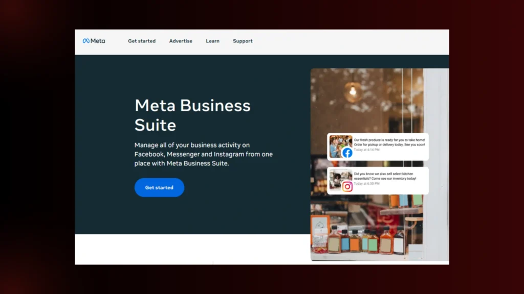 Meta Business Suite homepage showcasing tools to manage Facebook, Messenger, and Instagram for Social Media Marketing.