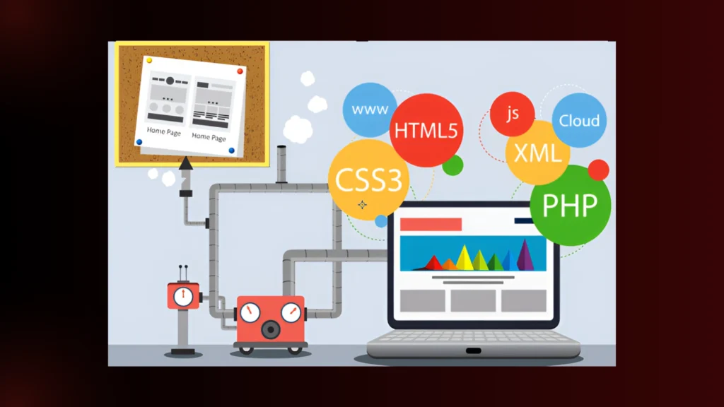 Web development pipeline turning wireframes into a site using HTML5, CSS3, PHP, JS, XML, and cloud tech.