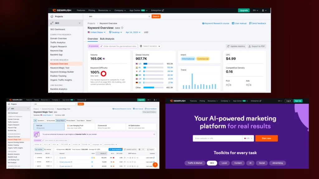 an image showing two screenshots of the free keyword research tool namely Semrush