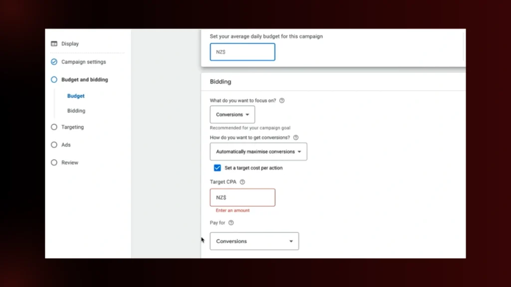 | 7 Steps to Set Up Retargeting in E-Commerce with Google Ads Google Ads "Budget and bidding" settings: Average daily budget (NZD), bidding strategy to automatically maximize conversions.