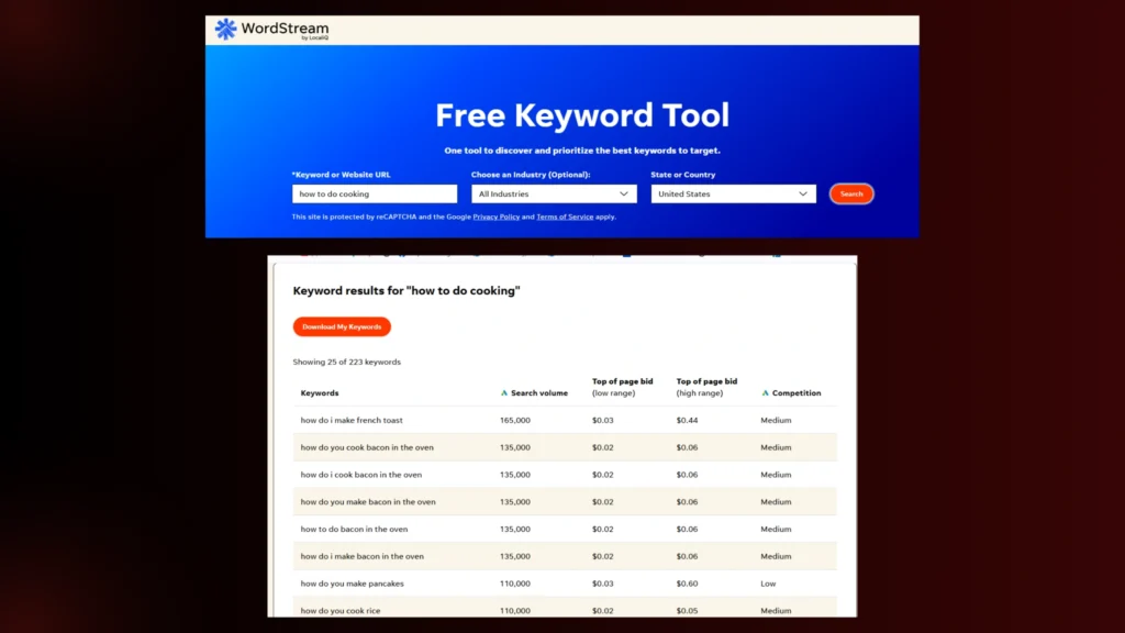 an image showing two screenshots of the free keyword research tool namely Wordstream
