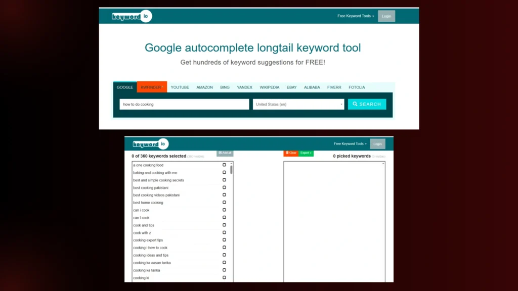 an image showing two screenshots of the free keyword research tool namely Keyword.io