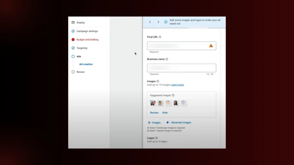 | 7 Steps to Set Up Retargeting in E-Commerce with Google Ads Google Ads interface: Display ad creation with fields for Final URL, Business Name, Images, and Logos. "Budget and bidding" has an error.