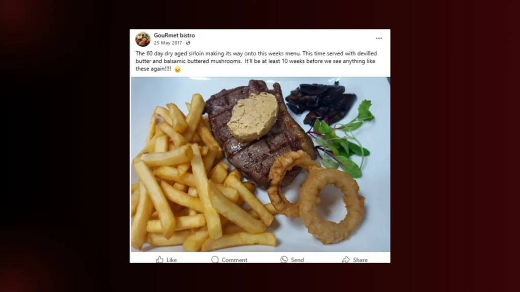 Grilled sirloin steak with devilled butter, fries, onion rings etc—ideal image for creative Facebook posts for restaurants.