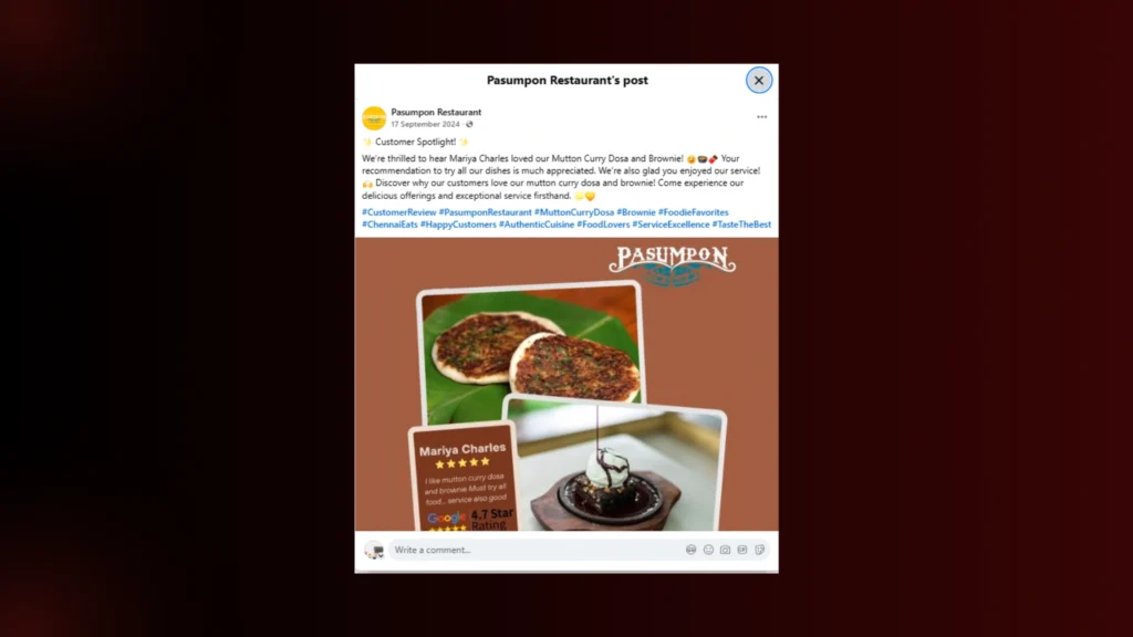 Pasumpon Restaurant's Facebook post featuring customer Mariya Charles' review of mutton curry dosa and brownie