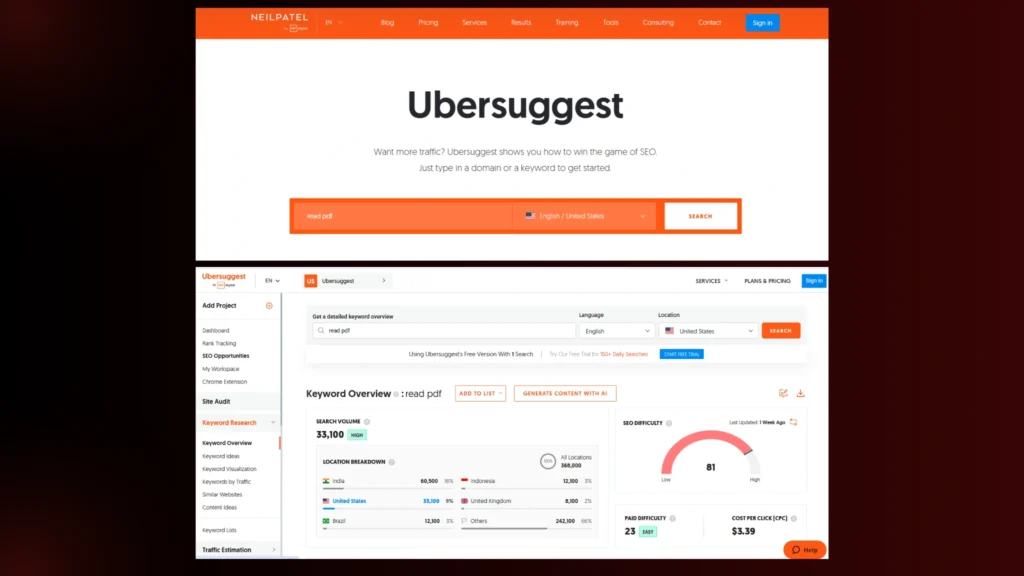 an image showing two screenshots of the free keyword research tool namely Unersuggest.