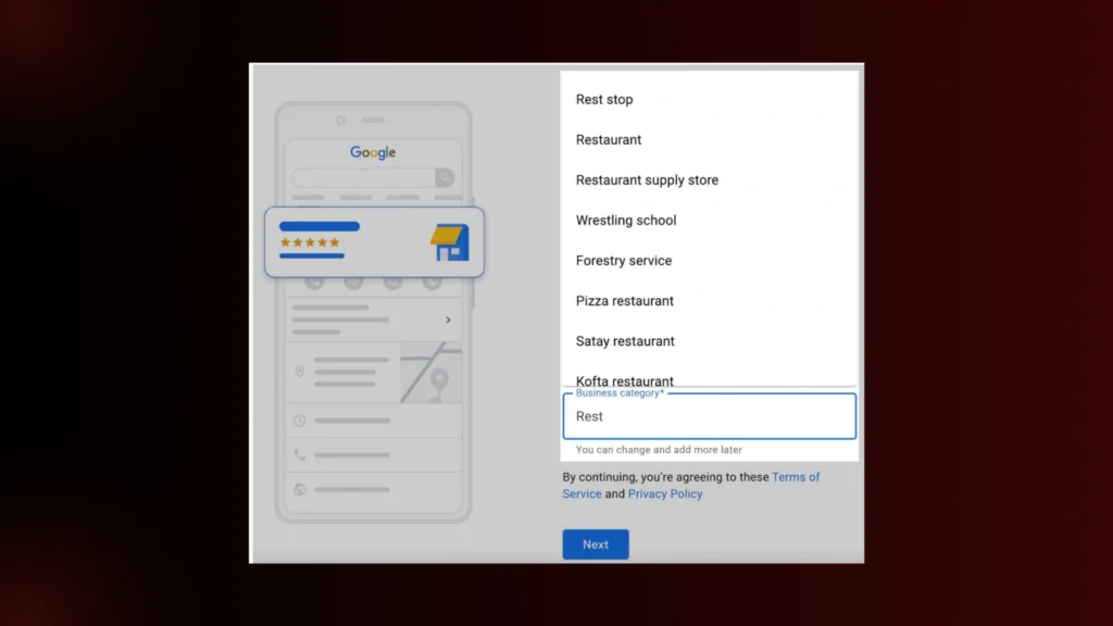 GPB setup: choosing "Restaurant" for local SEO, adding business details.