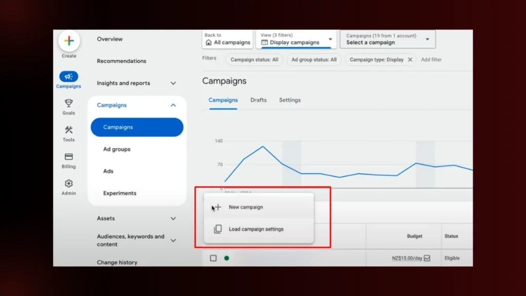 | 7 Steps to Set Up Retargeting in E-Commerce with Google Ads Google Ads interface with the "Campaigns" tab selected, displaying options to create a "New campaign."