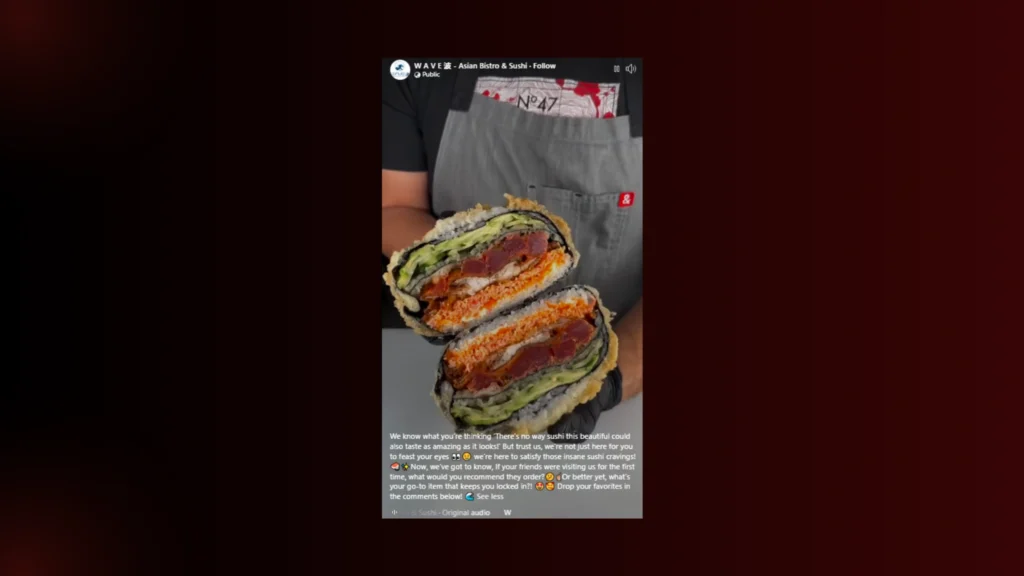 WAVE Asian Bistro & Sushi's creative Facebook post featuring a delicious sushi sandwich.