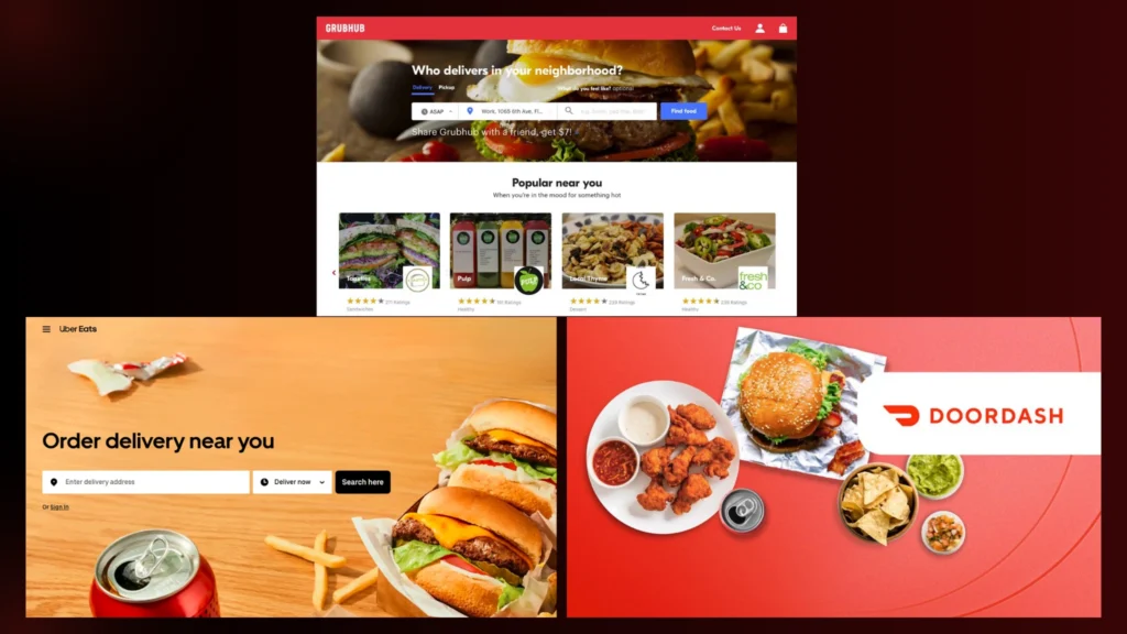 Uber Eats, Grubhub, and DoorDash SS on a red bg: The best options to link delivery apps to improvelocal SEO for restaurants
