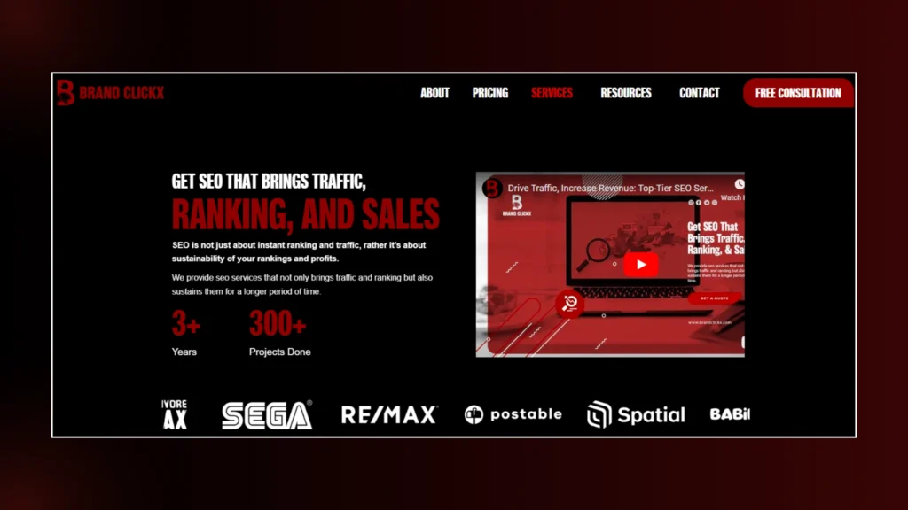 SS of BrandClickX homepage: Shows services, clients, and free consultation offer