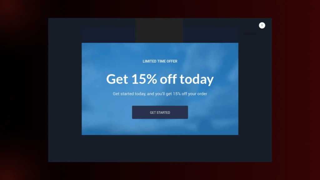 A blue popup with text: "Limited Time Offer. Get 15% off today. Get started today