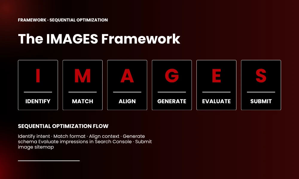 | Image Search Techniques A Complete Visual SEO Guide (2026) Six step sequential IMAGE SEO framework workflow diagram for web content managers