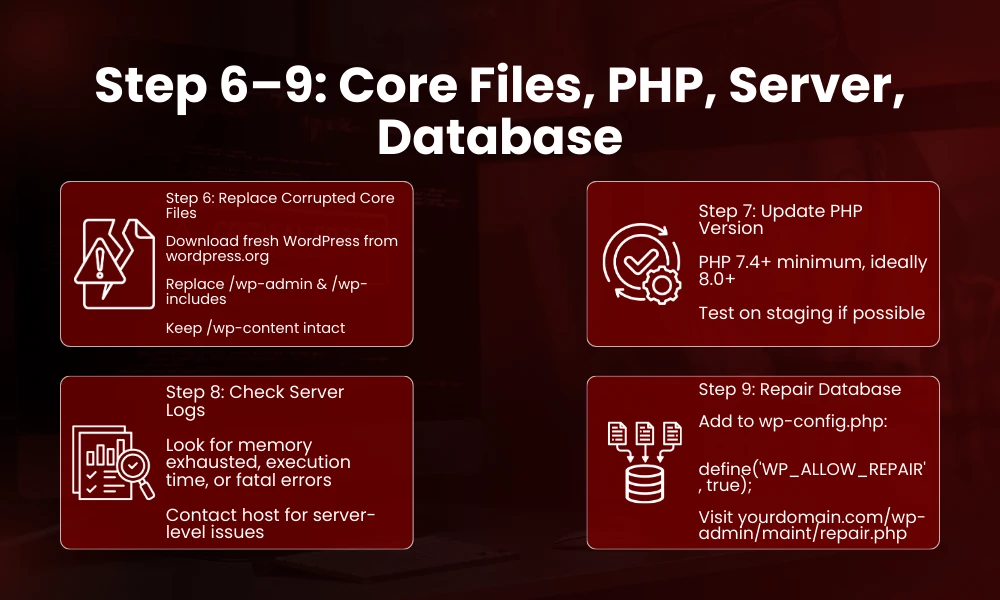| There Has Been a Critical Error on This Website: How to Fix It Step-by-Step Step 6–9_ Core Files, PHP, Server, Database