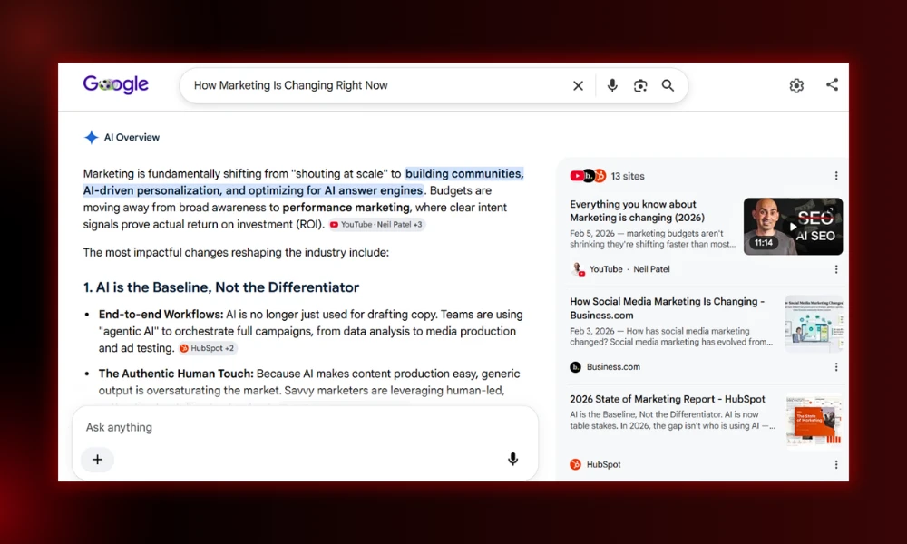 | Marketing Fundamentals: Skip the Fluff Google search engine AI Overview snippet demonstrating modern shifts in generative search, AI optimization, and digital personalization trends.