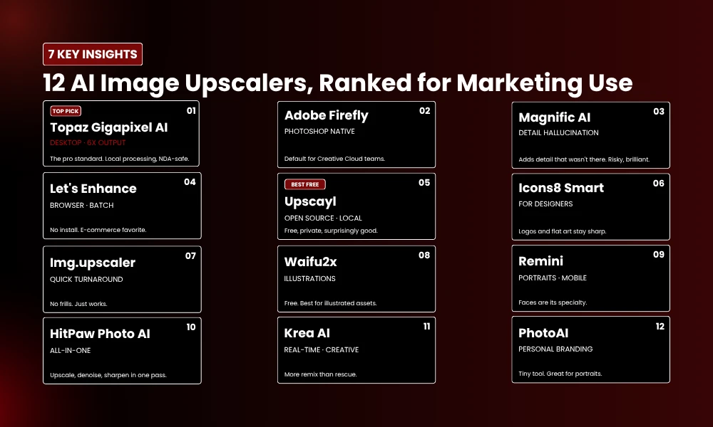 | The 12 Best AI Image Upscalers for Marketing Materials 12 AI Image Upscalers, Ranked for Marketing Use