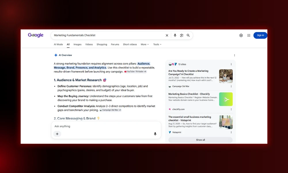 | Marketing Fundamentals: Skip the Fluff Google AI Overview search result for a marketing fundamentals checklist highlighting core pillars like audience research, customer personas, message, and analytics.