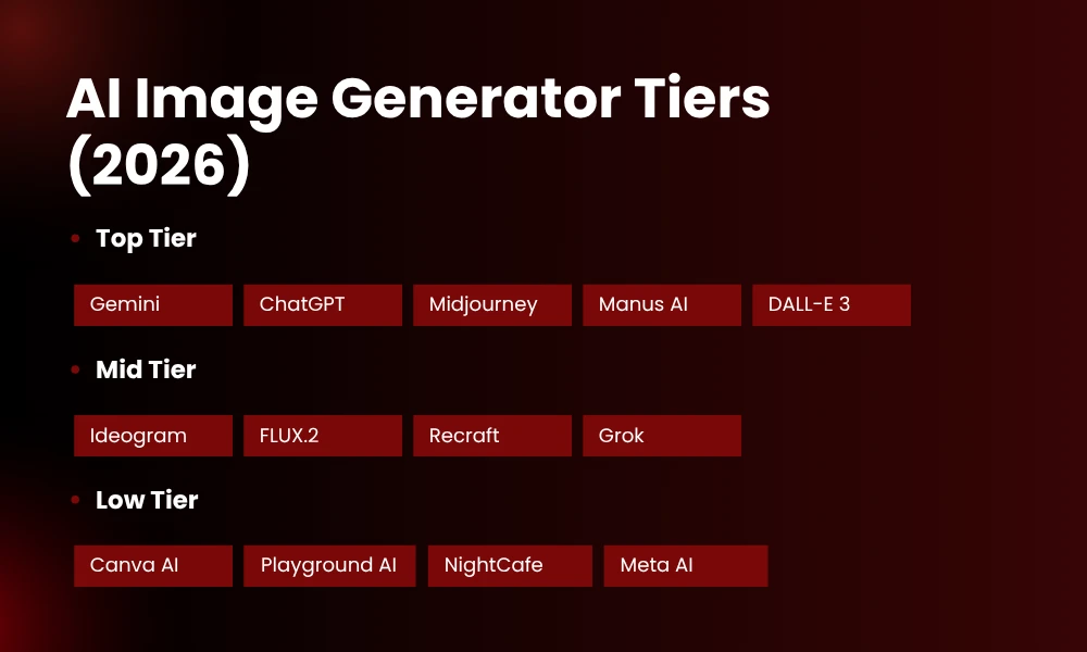 | 21 AI Image Generators Ranked by Output Quality in 2026 (We Actually Tested Them) AI Image Generator Tiers (2026)