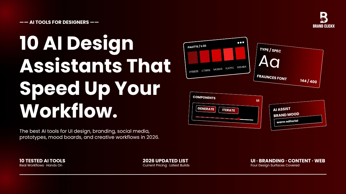 10 AI Design Assistants That Speed Up Your Workflow. 10 AI design assistants that speed up your workflow modern UI branding playbook banner 2026 BrandClickX