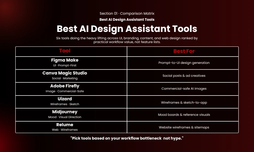 | 10 AI Design Assistants That Speed Up Your Workflow Best AI design assistant tools matrix table comparing figma make canva magic studio and adobe firefly