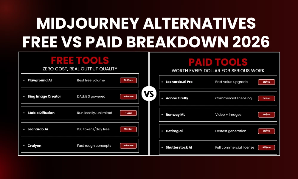 | Midjourney Alternatives: 14 AI Art Tools Worth Your Budget MIDJOURNEY ALTERNATIVES — FREE VS PAID BREAKDOWN 2026