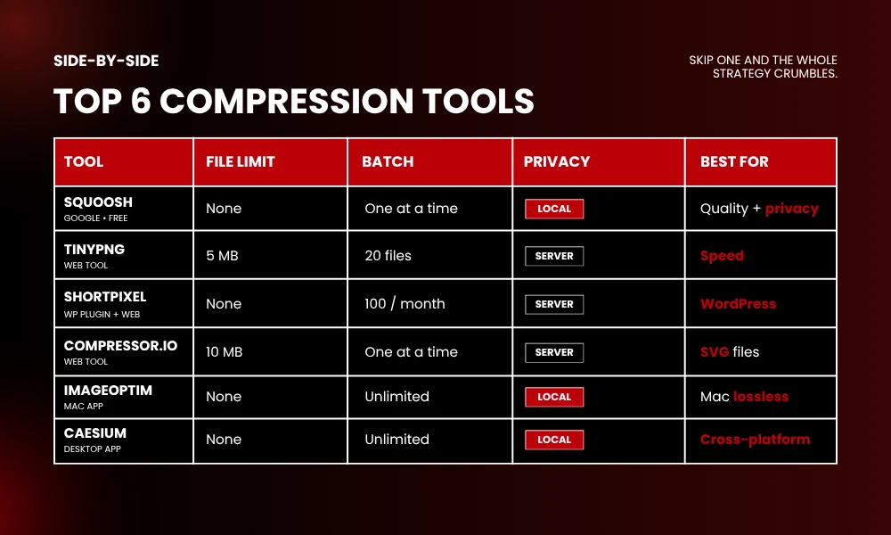 | 12 Free Image Compression Tools to Compress Images Without Losing Quality Top six image compression tools overview comparison sheet for web developers
