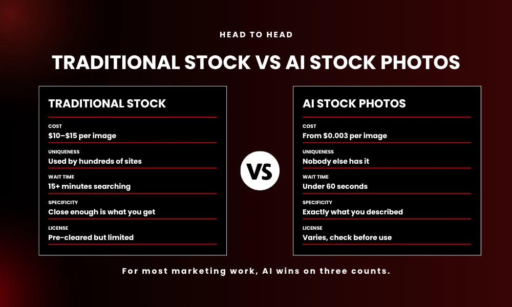 | 25 Stock Photo Alternatives Using AI Image Generation Traditional stock photography vs AI stock photos cost and specificity head to head comparison matrix