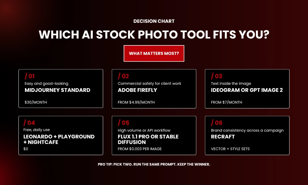 | 25 Stock Photo Alternatives Using AI Image Generation AI stock photo tool selector decision chart comparing midjourney adobe firefly and ideogram typography