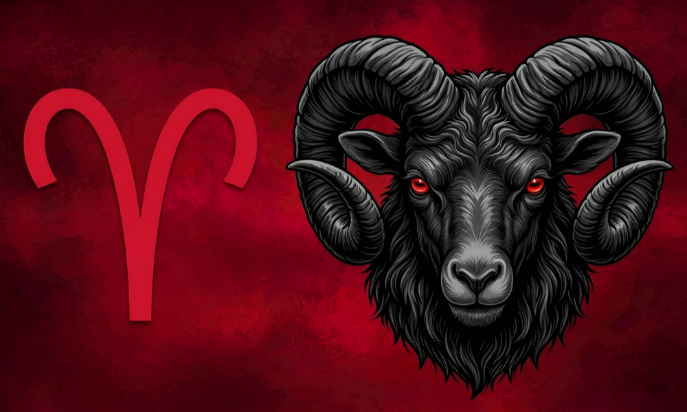 | Zodiac Signs: The Complete Guide to Astrology, Dates, Traits, and Horoscopes (2026) A black Aries ram head vector with glowing red eyes next to the red Aries astrological glyph on a dark textured background