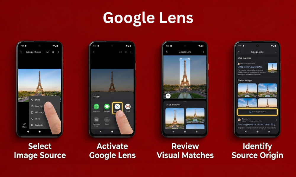 | How to Find the Original Source of an Image A four step smartphone application tutorial tracing how to use Google Lens reverse search features to identify an image source