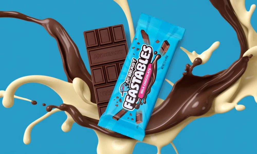 | Feastables: MrBeast's $250M Chocolate Empire & Why It's More Profitable Than YouTube A floating Feastables milk chocolate bar package surrounded by liquid chocolate and milk splashes