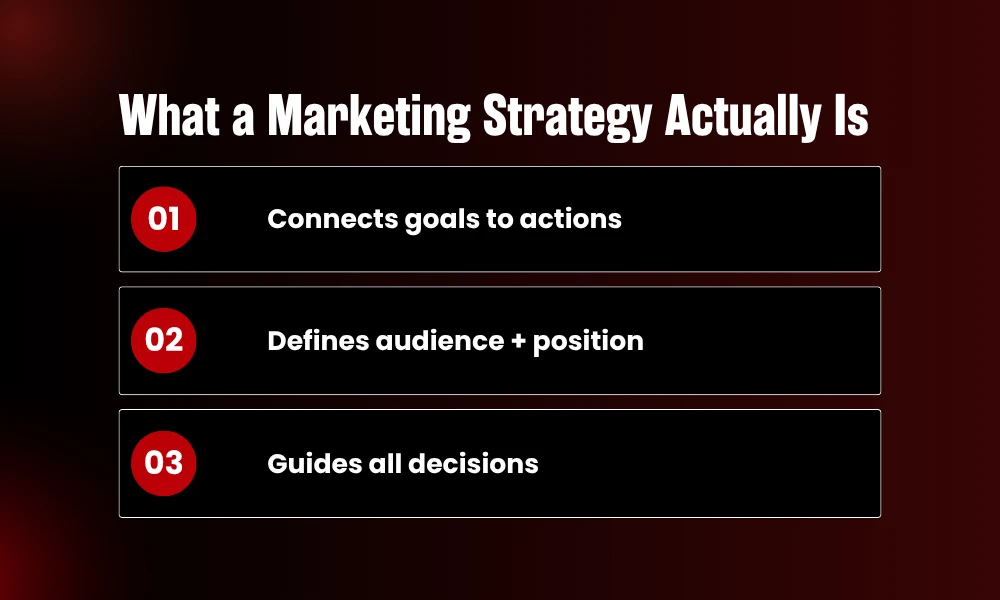 | What Are Marketing Strategies? (And Why Most "Strategies" Are Just Tactics) Infographic listing what a marketing strategy actually is and how it connects goals to actions