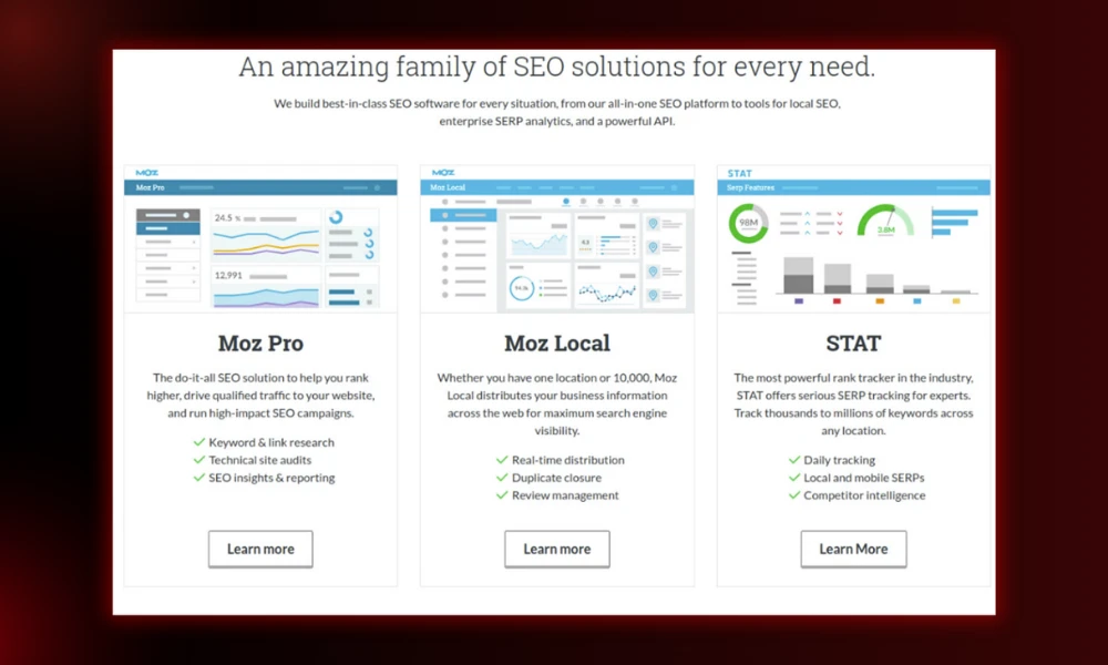 | 30 Best SEO Tools in 2026 (Free + Paid), Built for the Post-Core-Update Web Moz Pro official product overview comparing Moz Pro analytics Moz Local listings and STAT serp tracking