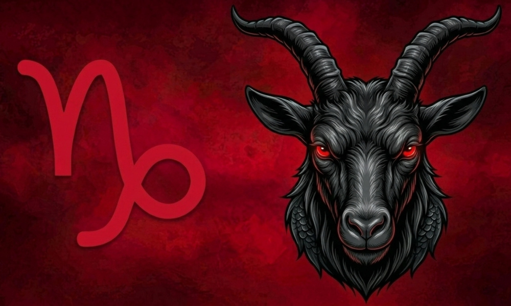| Zodiac Signs: The Complete Guide to Astrology, Dates, Traits, and Horoscopes (2026) A dark black Capricorn sea-goat head graphic featuring curved horns next to the red Capricorn symbol