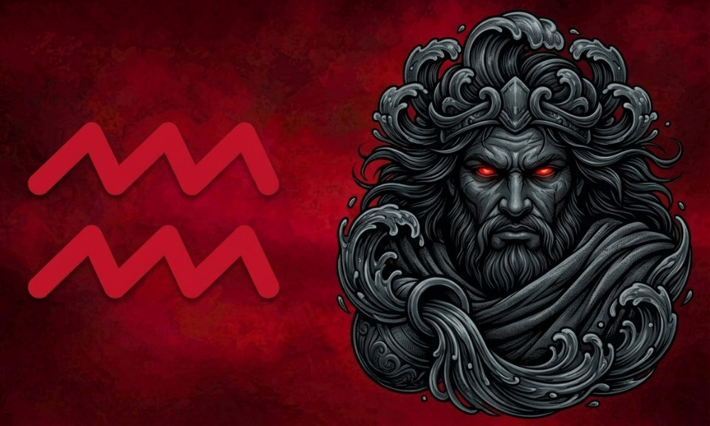 | Zodiac Signs: The Complete Guide to Astrology, Dates, Traits, and Horoscopes (2026) A black Aquarius water bearer head graphic with intense red eyes alongside the red Aquarius wavy lines glyph on a dark red background