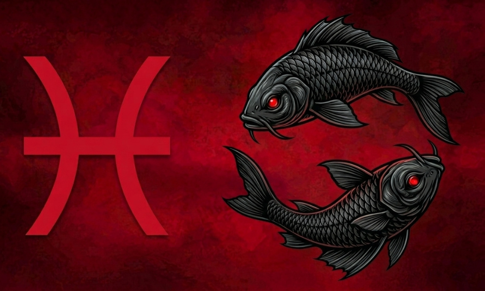 | Zodiac Signs: The Complete Guide to Astrology, Dates, Traits, and Horoscopes (2026) Two black Pisces fish with glowing red eyes swimming in opposite directions next to the red Pisces astrological symbol