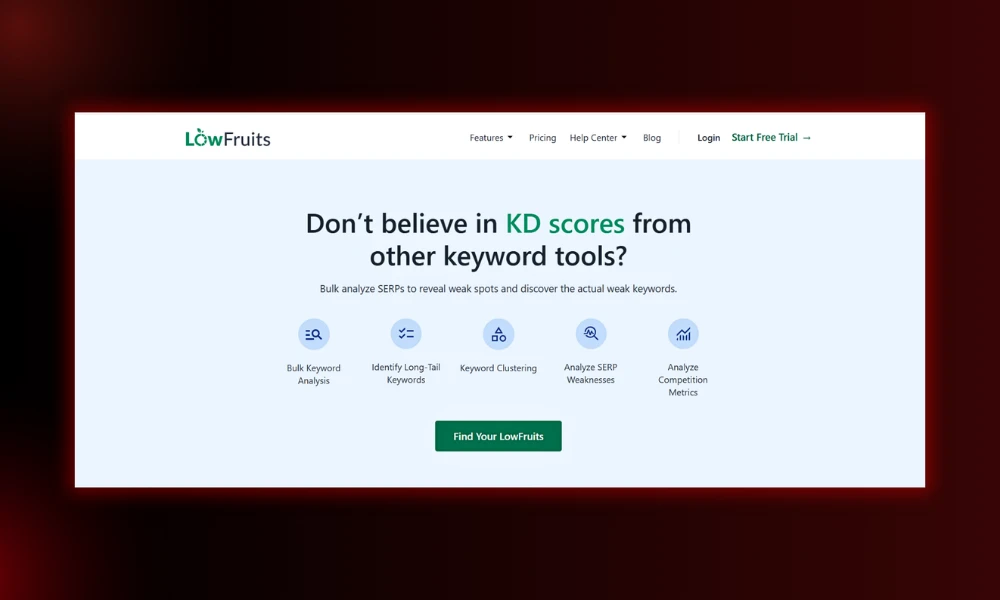 | 30 Best SEO Tools in 2026 (Free + Paid), Built for the Post-Core-Update Web LowFruits keyword research platform interface for bulk SERP analysis and long tail keyword clustering