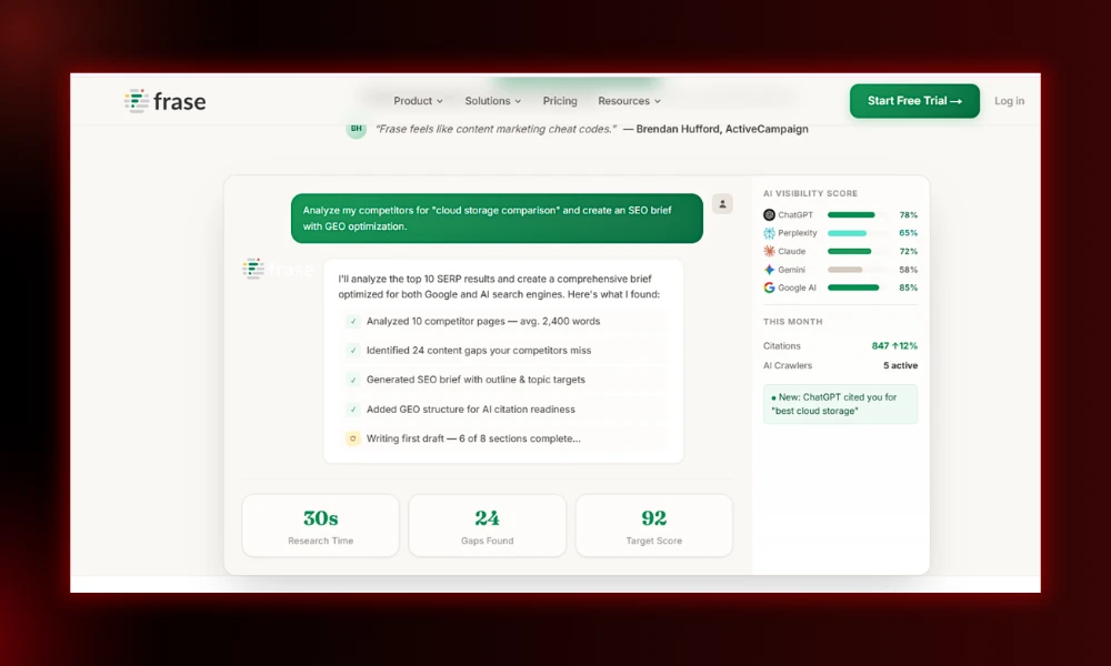 | 30 Best SEO Tools in 2026 (Free + Paid), Built for the Post-Core-Update Web Frase content brief workflow wizard tracking competitor data gaps and generative engine optimization visibility scores