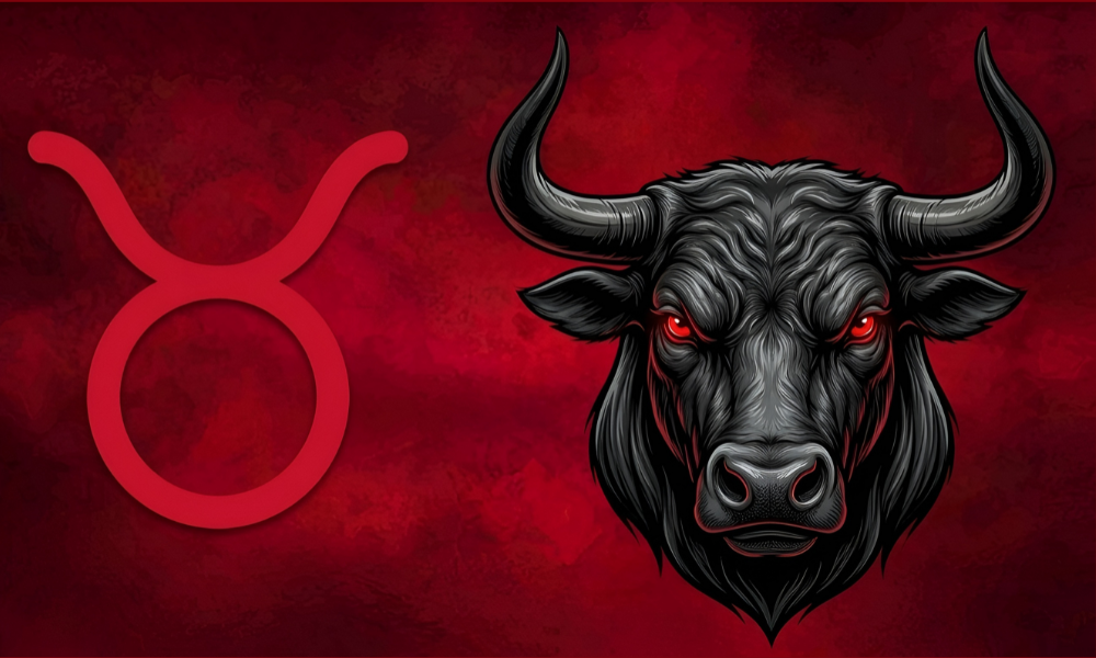 | Zodiac Signs: The Complete Guide to Astrology, Dates, Traits, and Horoscopes (2026) A black Taurus bull head graphic featuring intense red eyes alongside the red Taurus symbol on a dark red background