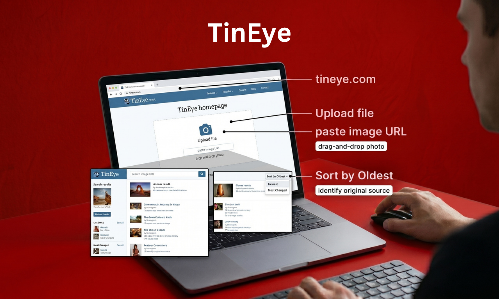 | How to Find the Original Source of an Image A laptop interface overview mapping the TinEye reverse image search upload tools and sort by oldest filters