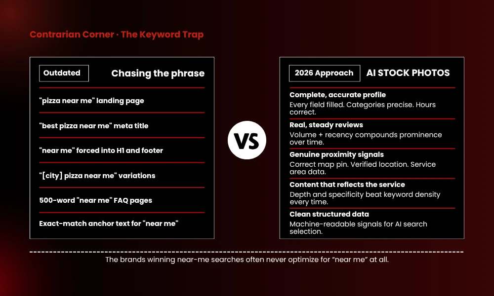 | "Pizza Near Me": What the Most Ordinary Search on the Internet Reveals About Local Intent in 2026 Side by side comparison chart of outdated near me keyword optimization versus modern 2026 approach using accurate structured data and prominence signals.
